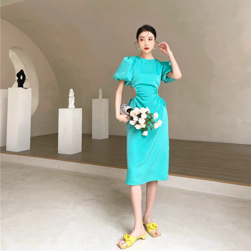 

Kimotimo Vintage Show Waist Dress Women 2021 New Summer Advanced Sexy Puff Sleeve Temperament Slim Long Dresses Ins Clothing