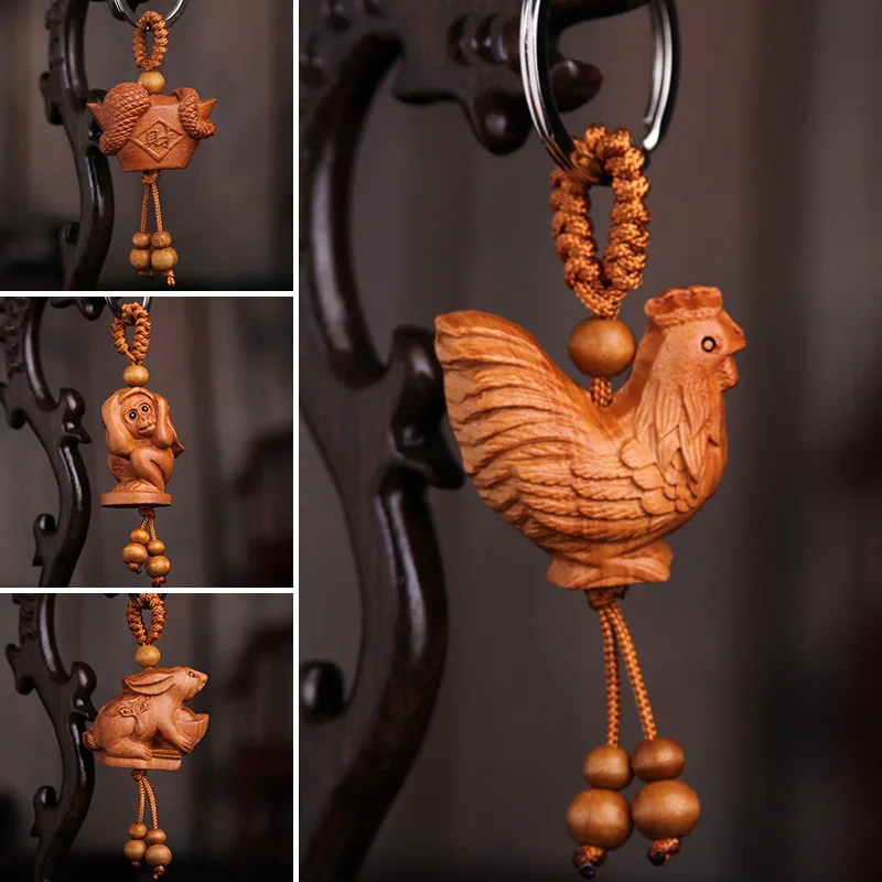 Chinese Peach Wood Zodiac Keychain Three-dimensional Carved Monkey Sheep Snake Dragon Tiger Exquisite Keyring Gift Pendant | Украшения и