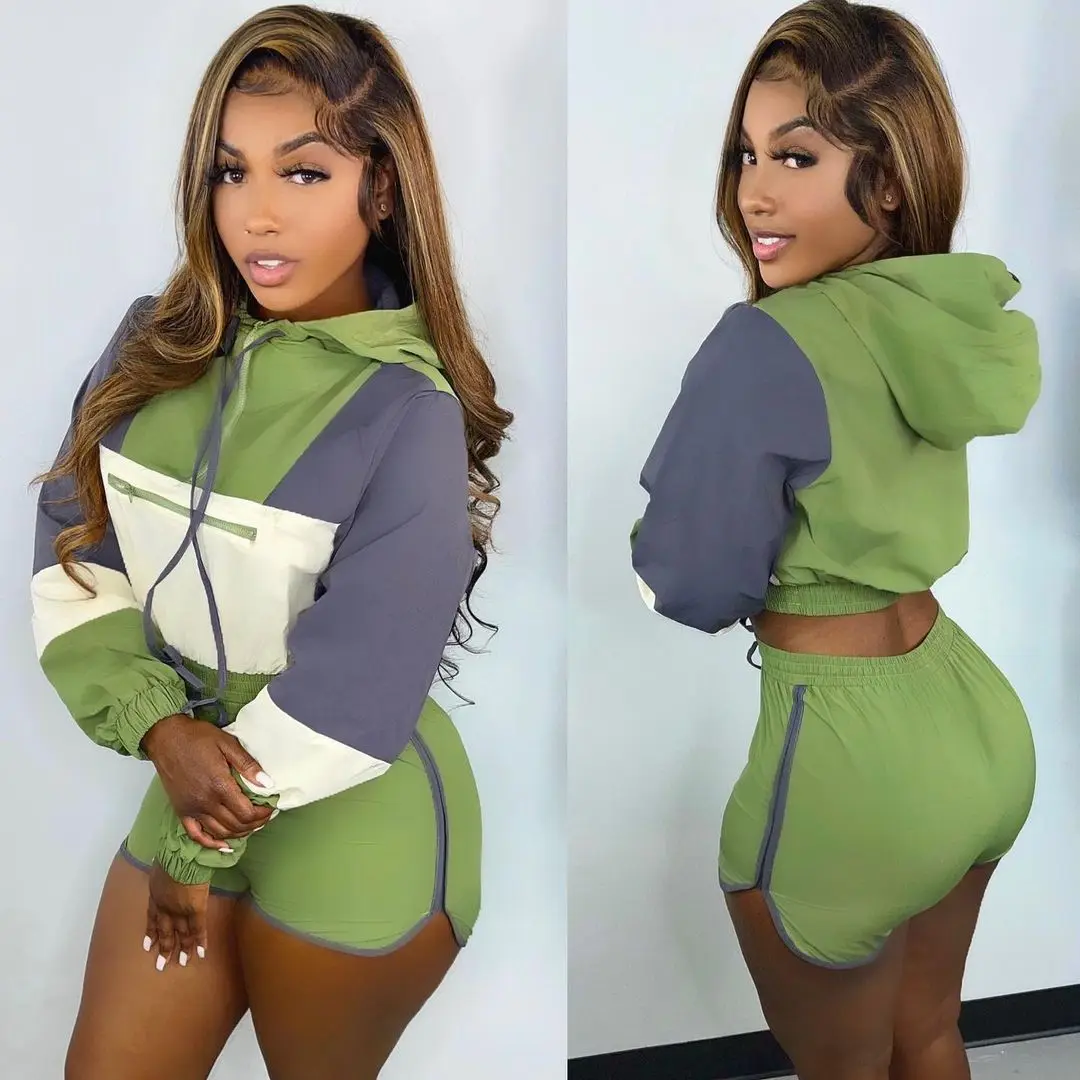 

Autumn Women Biker Two Piece Set Color Patchwork Hooded Shirt And Pants Tracksuit Matching Suit For Women Outfit