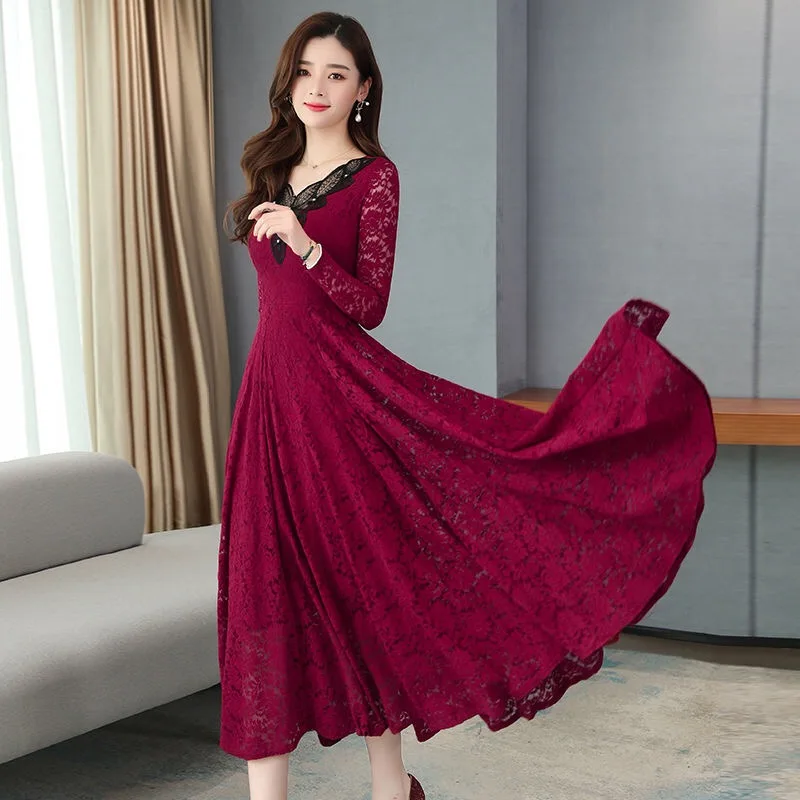 

2020 Spring Fall Womens Embroidery Rhinestone V Neck Long Sleeve Green Wine Red Lace Dress , Autumn Casual Dresses for Woman