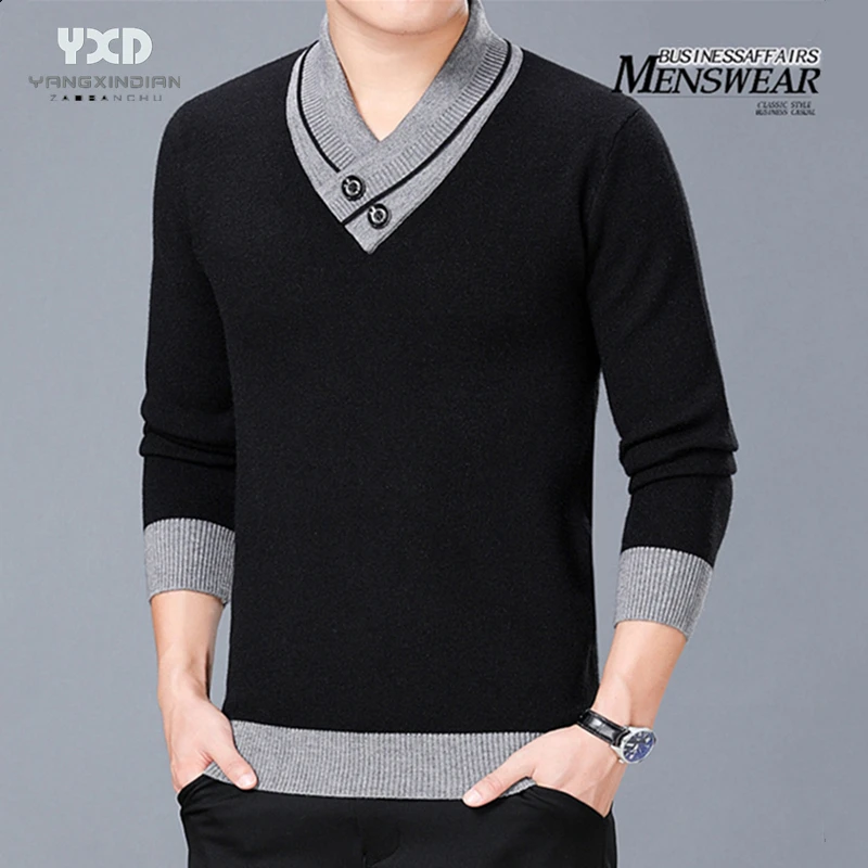 Mens clothes Man Sweater Pullover Men Clothing Mans Sweaters Jumper Men Business Casual Spliced Scarf Collar Knitted Pullovers