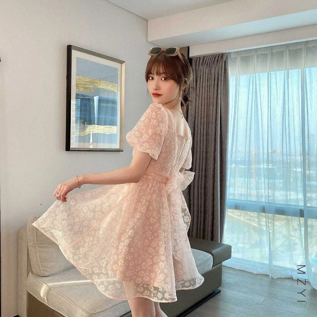 

French Vintage Mini Dress Female 2021 Summer Lace Korean Evening Party Dress Women Casual Fariy Bow Lace Elegant One Piece Dress