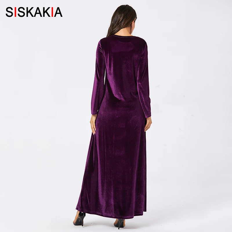 Siskakia осень, женское платье с длинным рукавом, вельветовое, длиной до лодыжки, мусульманское повседневное длинное платье размера плюс, новинка, шикарная Цветочная вышивка