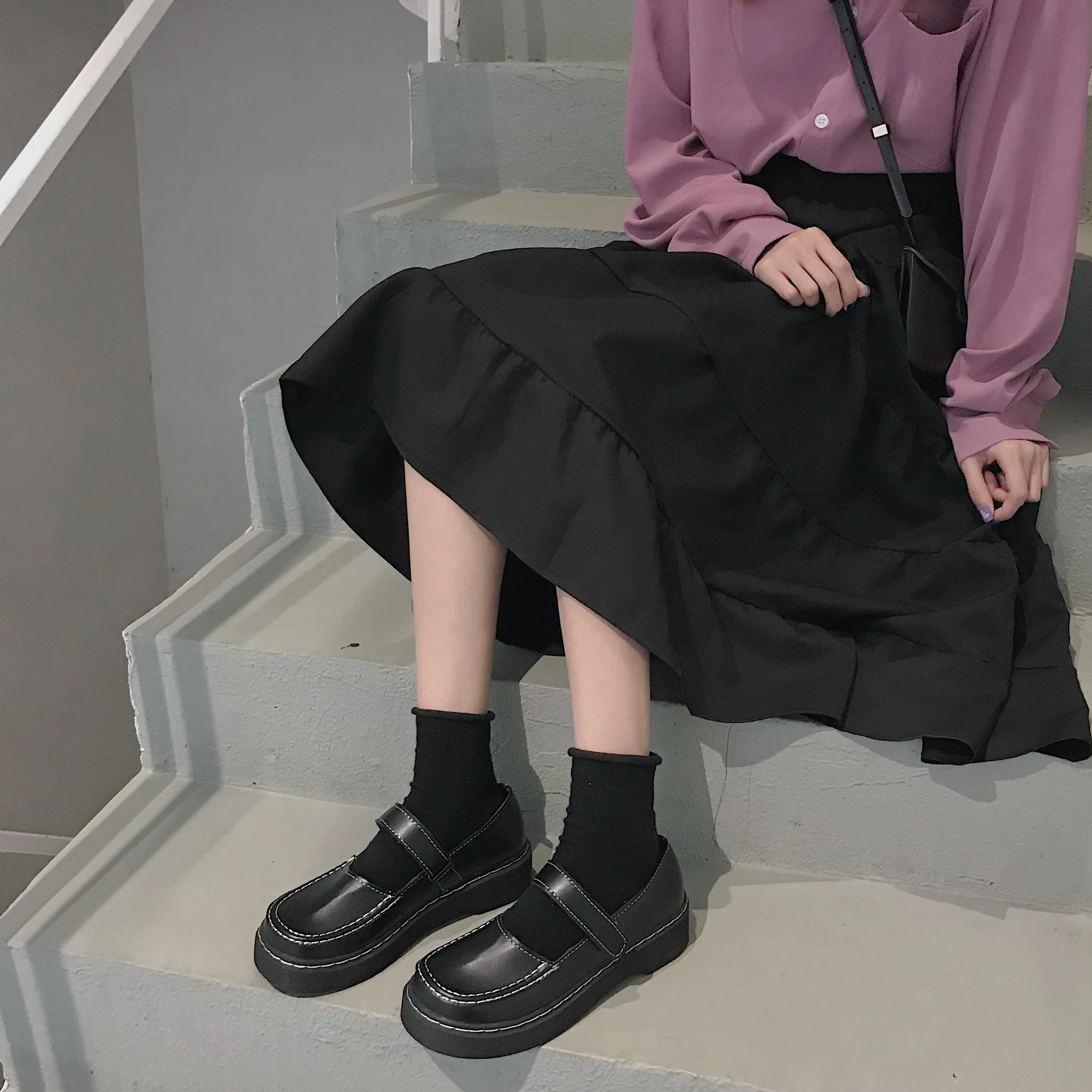 Женские маленькие туфли в Корейском стиле черные на плоской подошве ретро