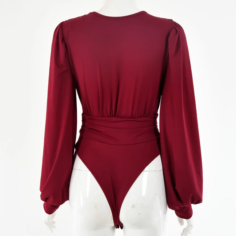 

Black Deep V Neck Bodysuit Women Sexy Puff Sleeve Bodycon Jumpsuit Solid Elastic Casual Party Winter spring Bodysuits Body Tops