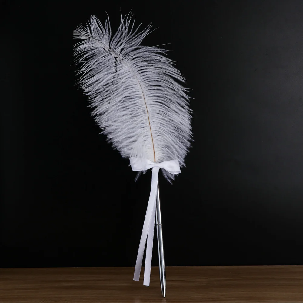 

White Feather Signing Pen with Metal Love Holder Wedding Pen Set (Silver)