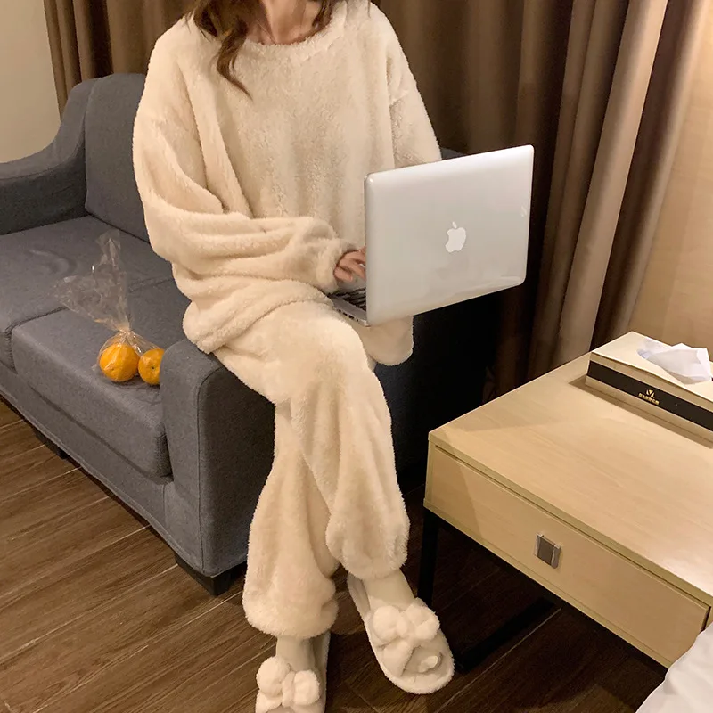 Women'S New Autumn And Winter Coral Fleece Plus Velvet Thickening Flannel Long-Sleeved Ins  Pajamas Nightgown Suit