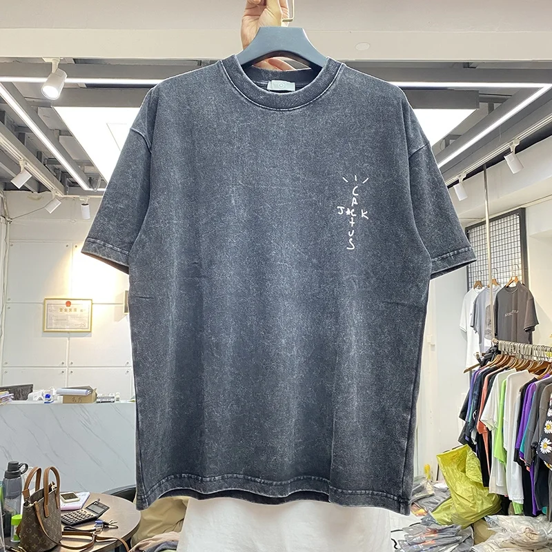 

New Spring And Summer Quality Travis Scott T-Shirt Thick Pure Cotton Loose Wash Retro Men's And Women's Short Sleeves Black