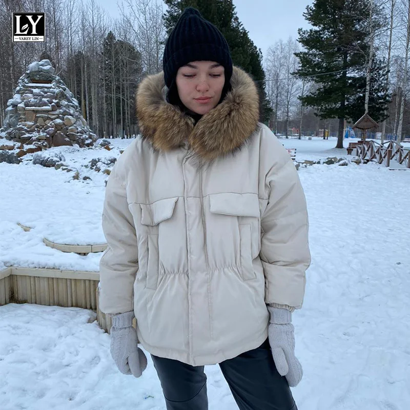 

LY VAREY LIN Winter Women Winter 90% White Duck Down Coat Large Real Raccoon Fur Hooded Jacket Loose Thick Warm Snow Outwear
