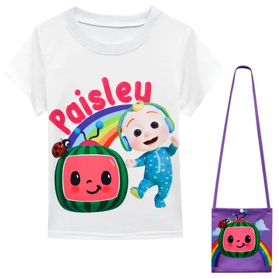 

Baby Girls Fashion Clothing Kids Cocomelon Rainbow Fashion Clothes Cute Bag +T Shirt Suit Cartoon Skirts and Small Bag 2pcs Sets