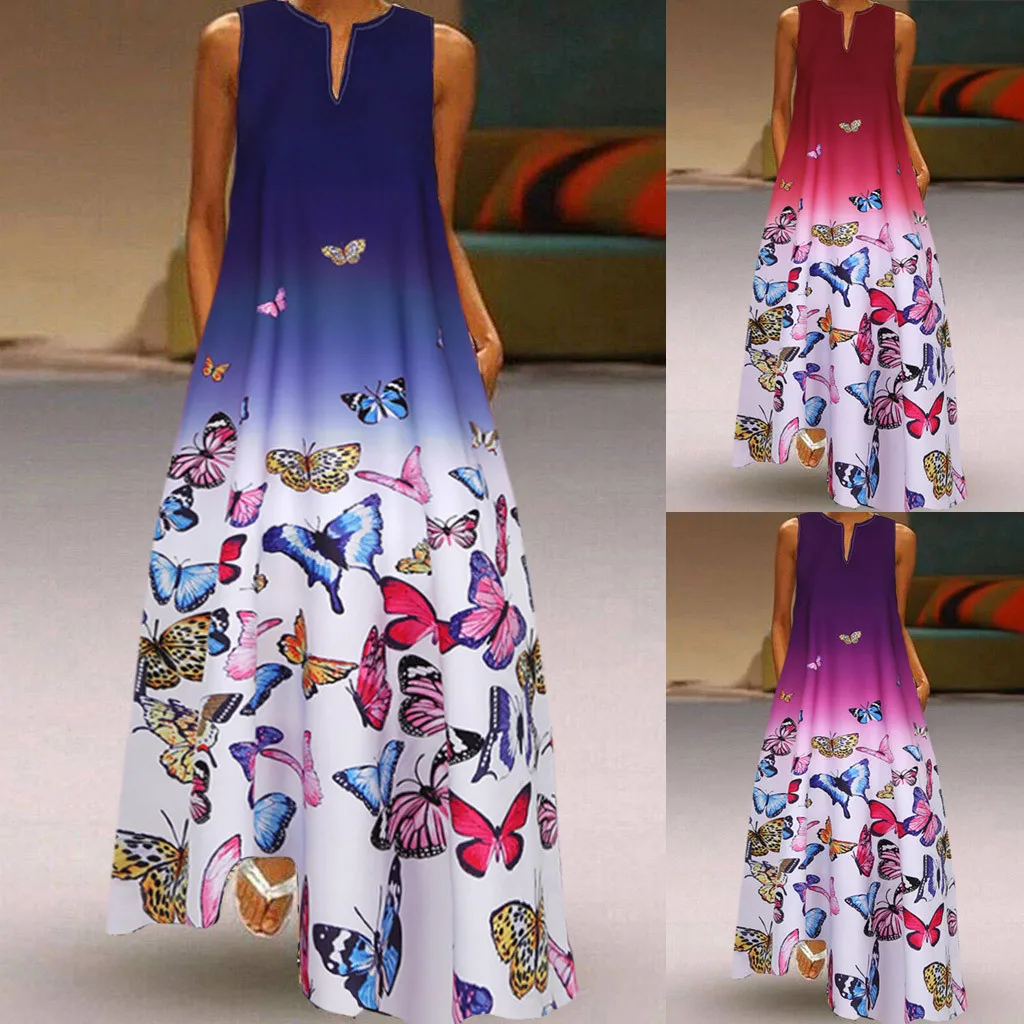 

Women Summer Dress Ladies Fashion Plus Size Butterfly Print Daily Sleeveless Vintage Bohemia V Neck Maxi Dress Sundress M140#