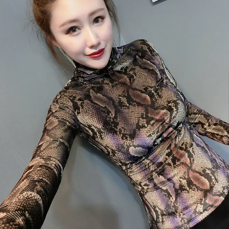 

Женские футболки с коротким рукавом/длинным рукавом, футболки с принтом питона, бархатные блузки, облегающие европейские осенне-зимние жен...