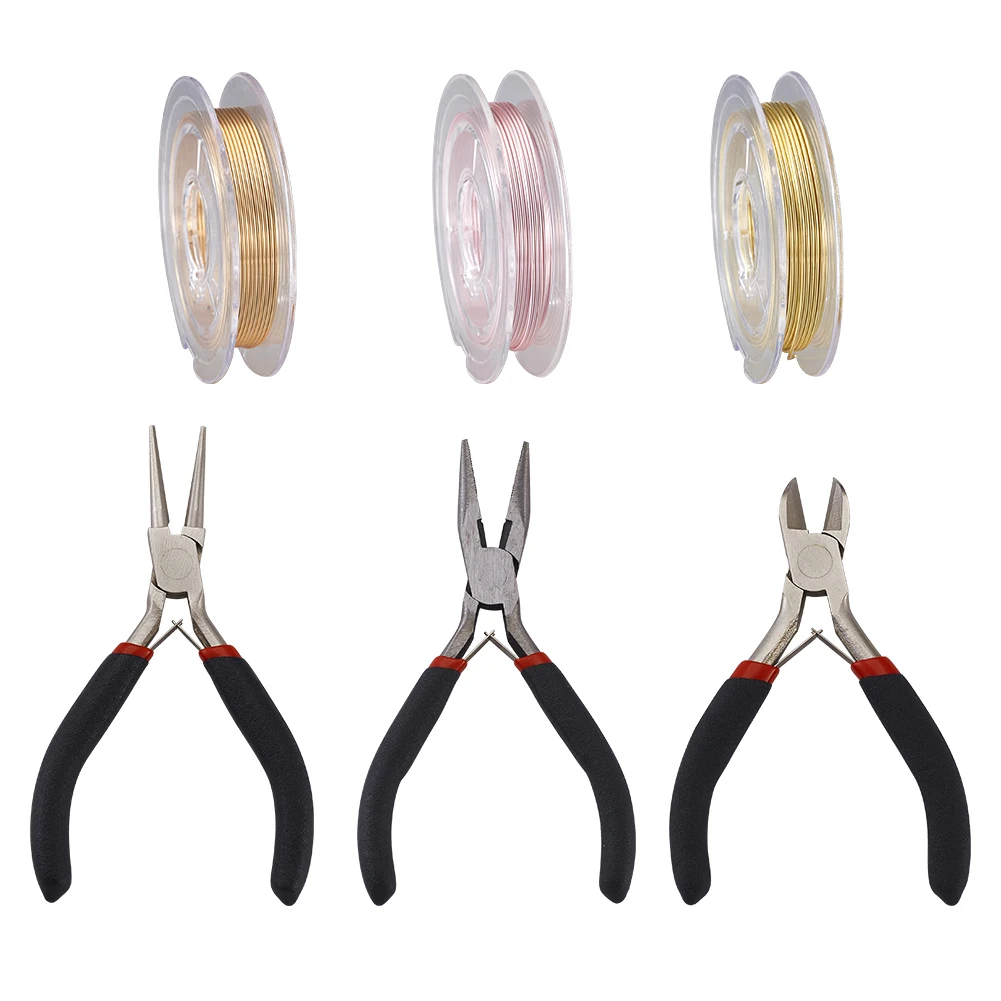 

DIY Jewelry Tool Kits, with 3 Rolls 0.6mm CopperJewelry Wire , Carbon Steel Pliers, Wire for DIY Jewelry Making