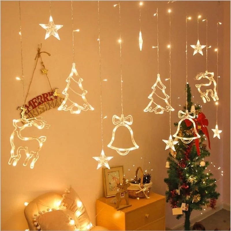 

Christmas tree deer bells string lights 220V 110V Garland String Fairy Lights Outdoor For Home Wedding Party New Year Decor