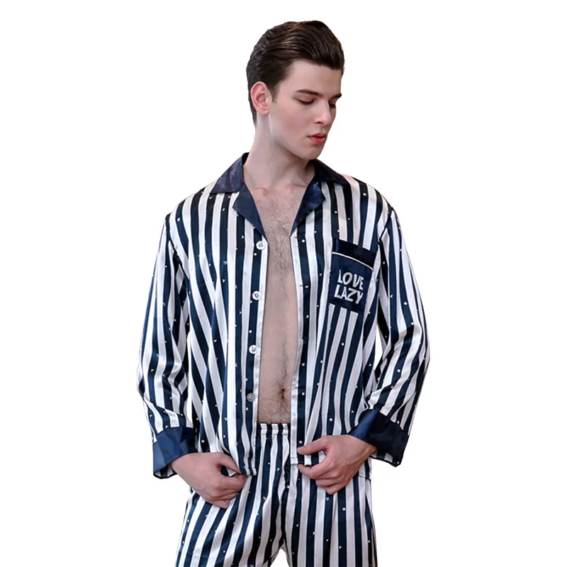 

Vertical Stripe Silk Pajama Suit For Men In Spring Long-Sleeved Trousers Summer Thin Youth Ice Silk Leisure Autumn