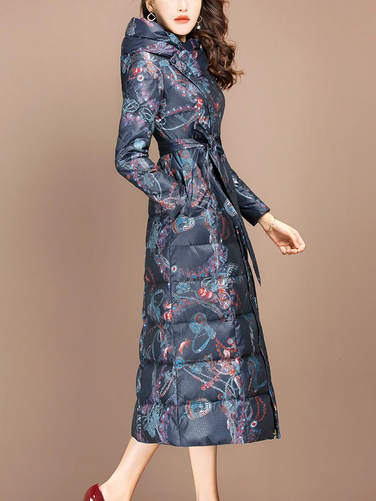 

duck winter jacket, women long hooded down coat with print, warm clothing, doudoune femme hiver n84y4984h08 kj3890