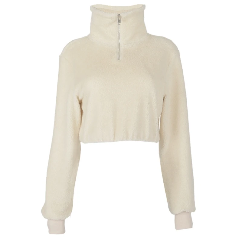 Женская флисовая водолазка на молнии однотонный теплый пуловер короткий топ