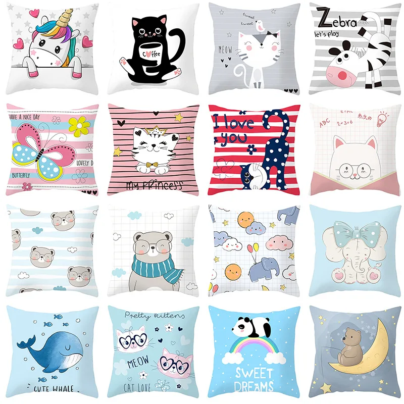 

2022 New Cartoon Animals Unicorn Dog Single Print Sofa Pillow Case Cute Whale Decorative Cushion Cover for Children's Bedroom