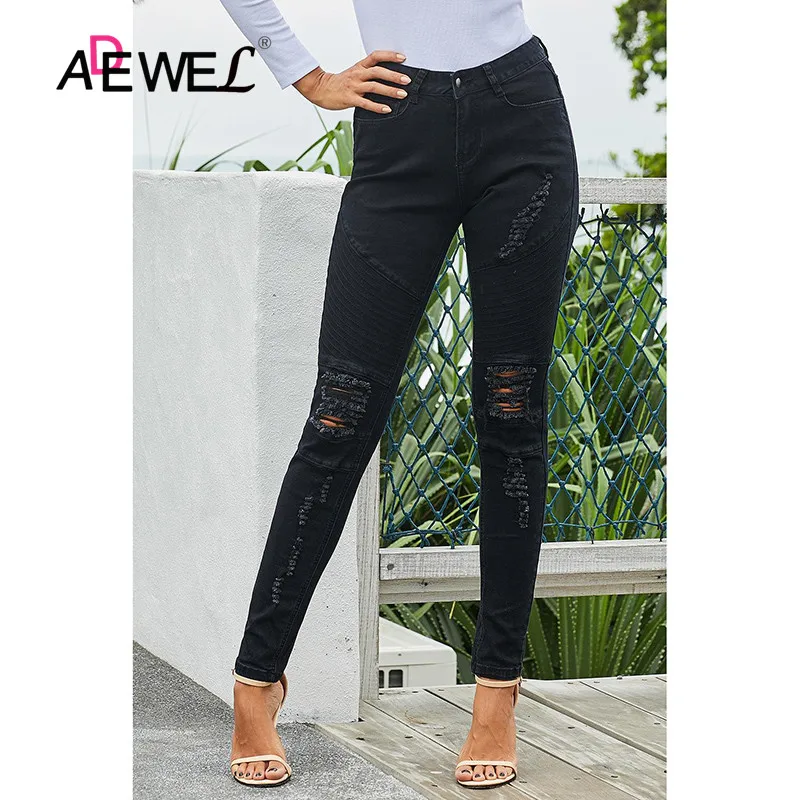 Женские рваные джинсы ADEWEL черные из хлопка обтягивающие новинка 2019 | Женская