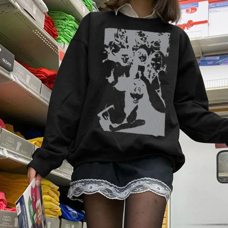 

Y2K Gothic Print Sweatshirt E-girl Autumn Oversized Long Sleeve O Neck Hoodies Women Punk Style Hip Hop Harajuku Streetwear