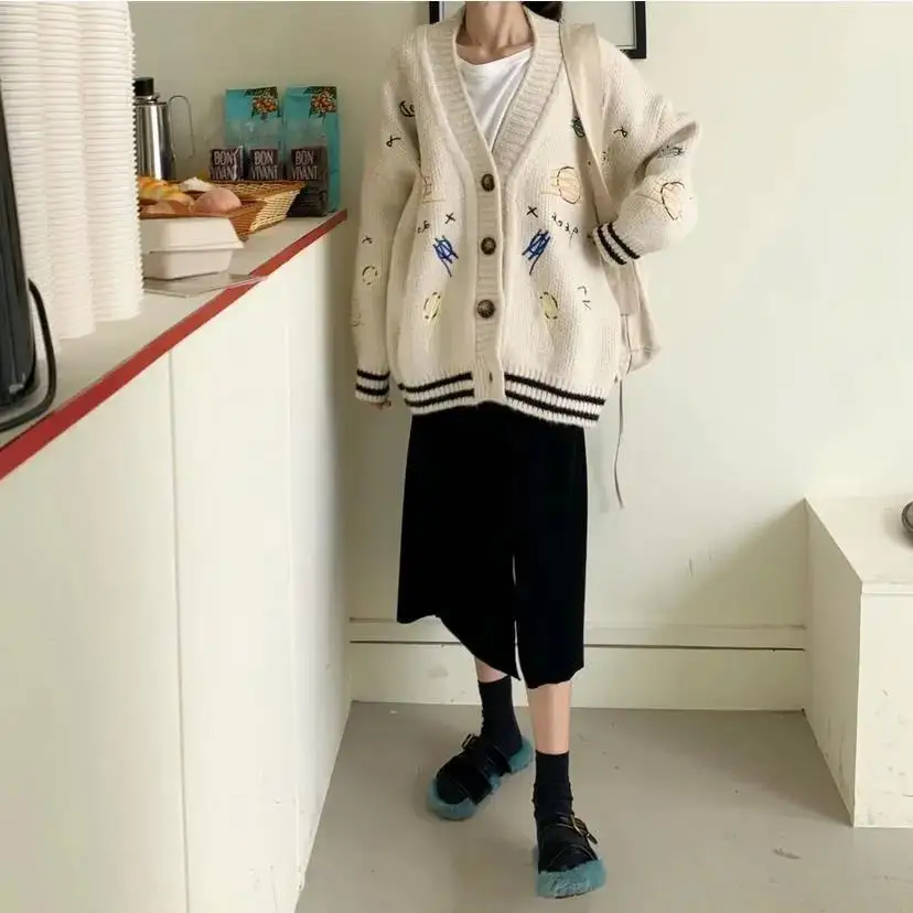 

Knitted Cardigan Korean Fashion 2021 Lazy Style Women Autumn and Winter Long Loose Planet Embroidery Sweater Coat Trend