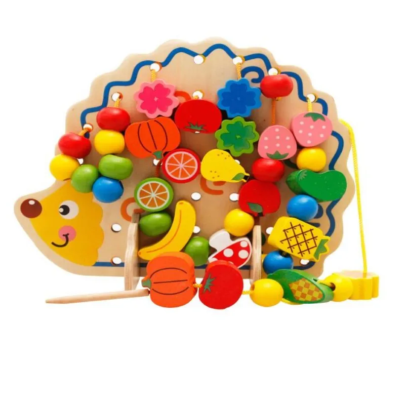 

82Pcs Wooden Fruits Vegetables Lacing Stringing Beads Toys with Hedgehog Board Montessori Educational Toy for Kids Children Gift