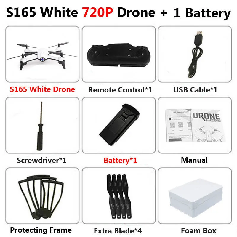 S165 720P White 1B S165 Профессиональный WiFi FPV Дрон с двойной камерой 4K антенна видео широкоугольный оптический поток RC Квадрокоптер Вертолет игрушка E58 SG106 - Цвет: S165 720P White 1B