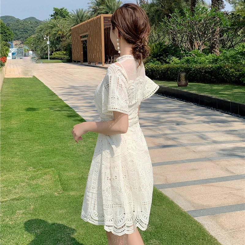 

Organza Lace Summer Mini Dress Women Stand Neck Flare Sleeve Party Dress High Waist A-Line Floral Crochet Hollow Loose C157