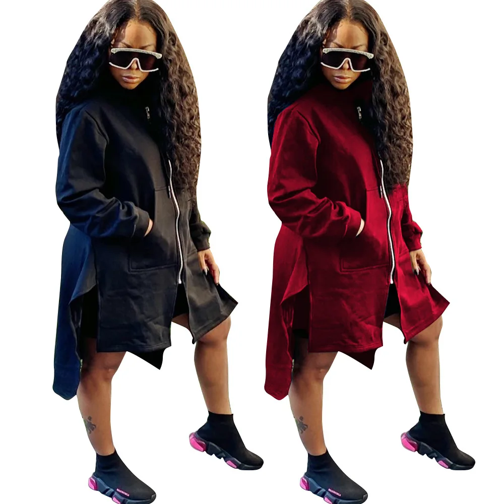 

RStylish Women Casual Hoodie Tops Solid Irregular Long Sleeve Personality Streetwear Zipper Hooded Sweatshirt Coat