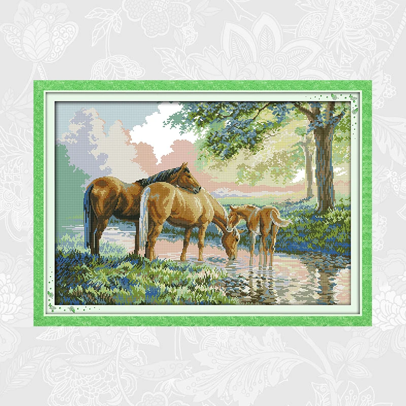 

Joy Sunday Cross Stitch Patterns Horse Family DIY Handwork Embroidery Kits Needlework Set Wholesale Home Decoration