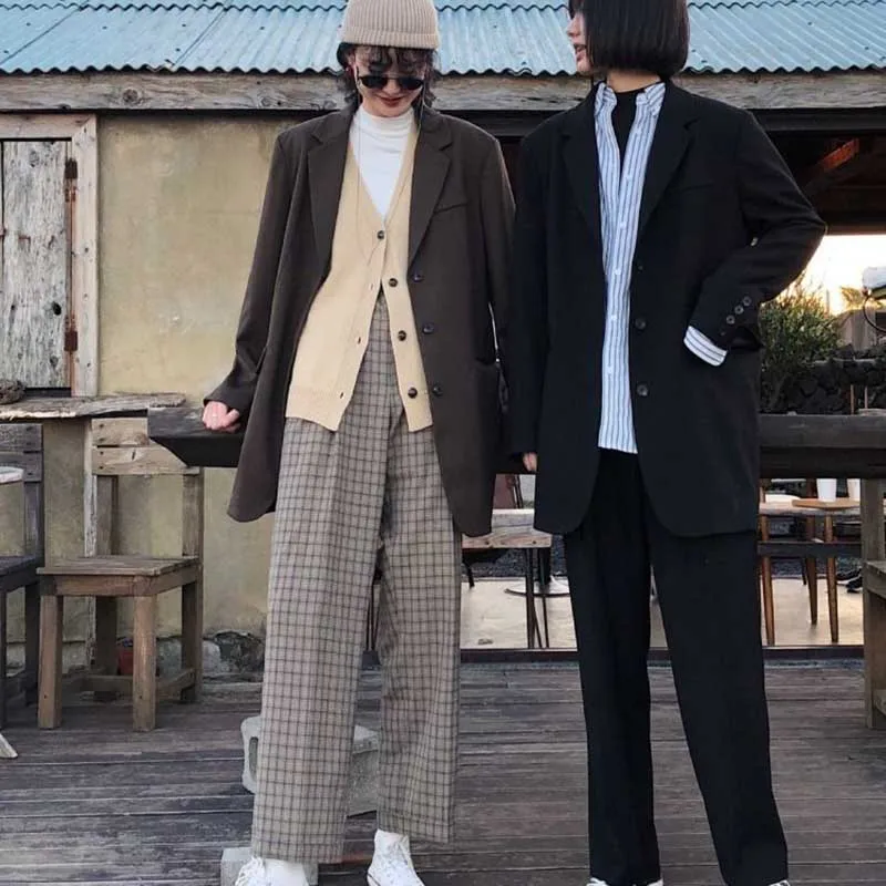 

Foufurieux Vintage Double Breasted Office Solid Blazer Long Sleeve Loose Houndstooth Suit Coat Jacket Women Blazers Female