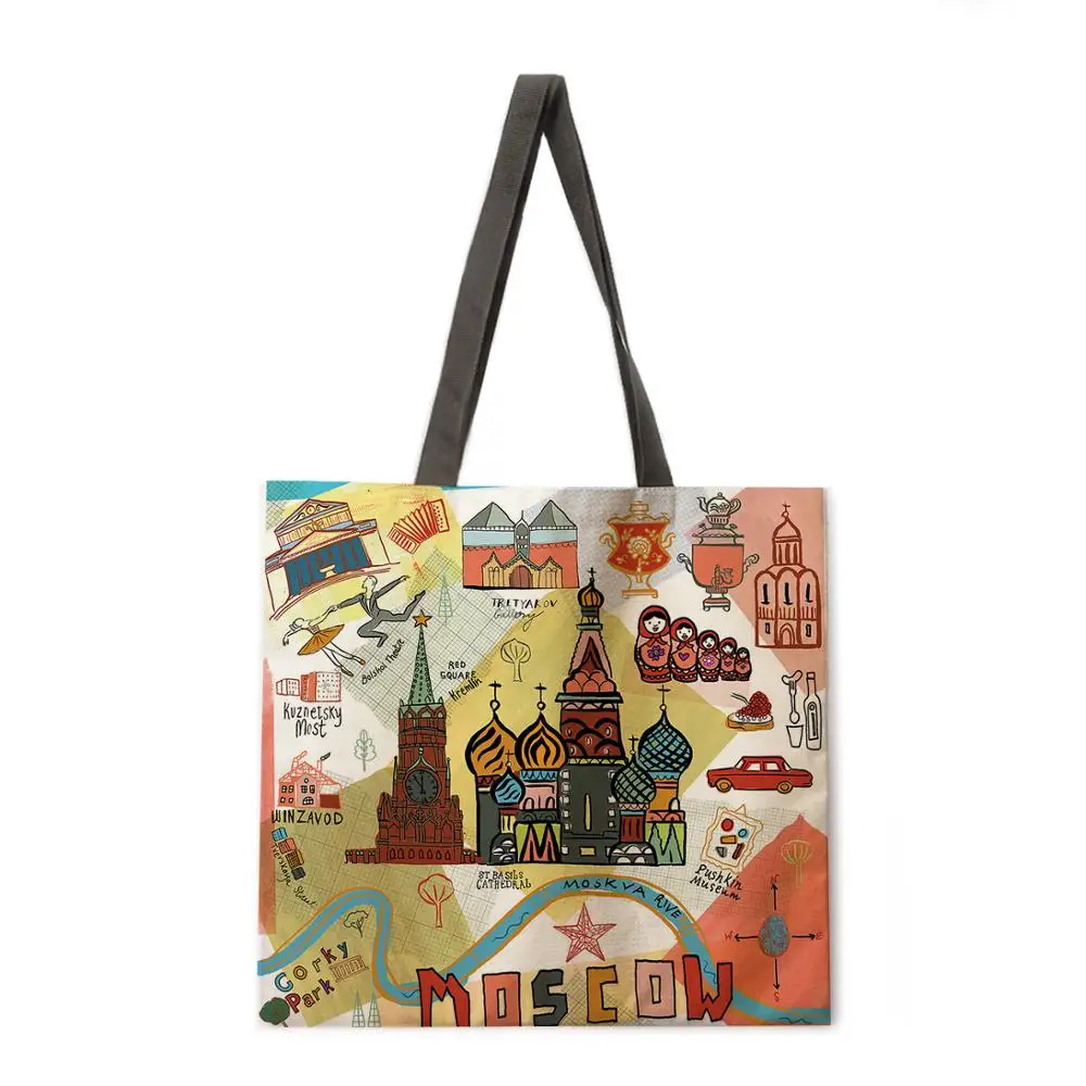 Цветная живопись карта путешествия Всемирно Известные здания льняная ткань