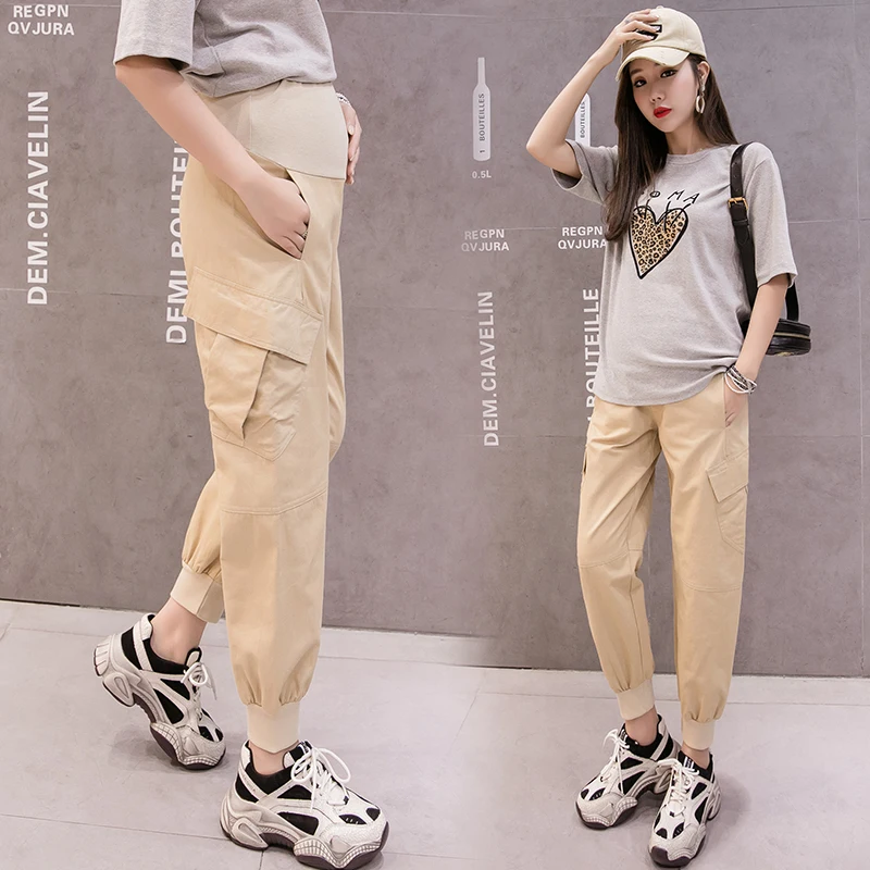 Бежевые/черные осенние брюки для беременных с животом женские длинные свободные