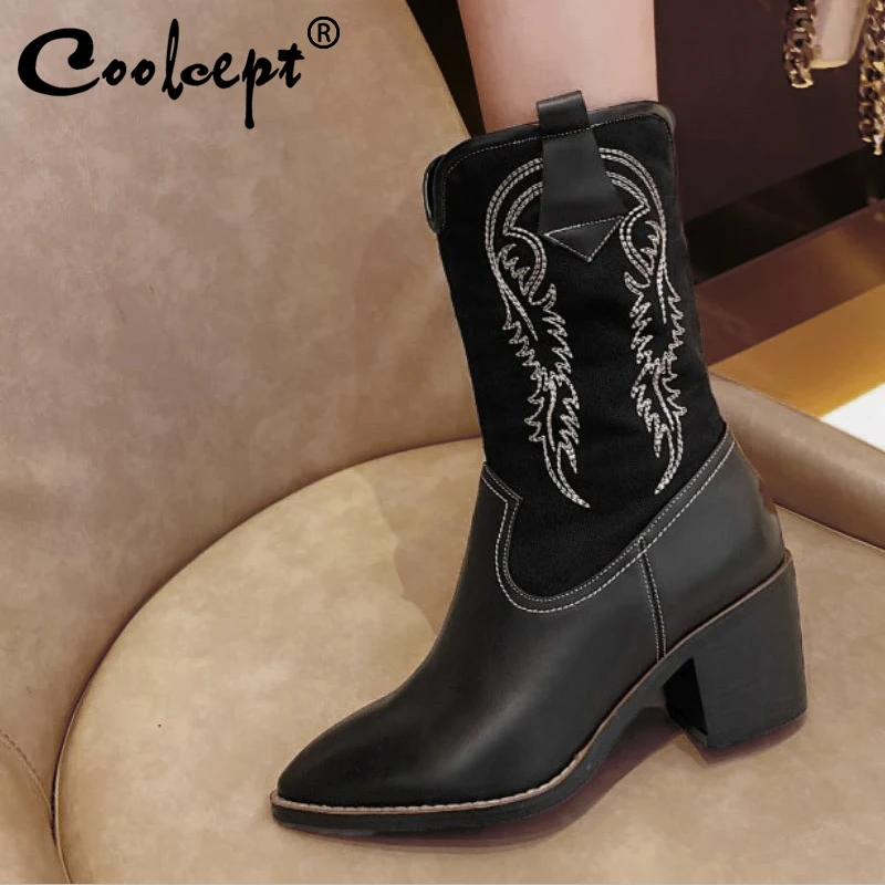 

Coolcept Real Leather Mid Calf Boots For Women Sexy Pointed Toe Square Heels Shoes Autumn Winter Warm Women Footwear Size 34-40