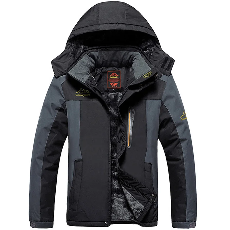 Зимние уличные куртки больших размеров 5XL 6XL 7XL 8XL 9XL утепленные флисовые пальто Мужская Верхняя одежда водонепроницаемая ветровка с капюшоном - Цвет: Черный