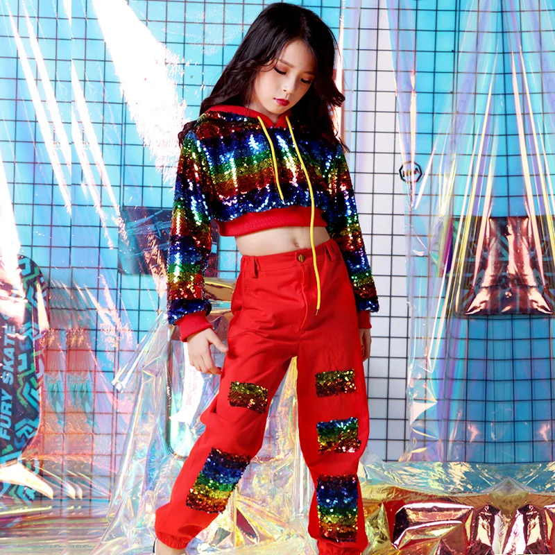 

5-12 year Full children clothes Kids hip-hop suit girls jazz cropped short jazz street dance Red Hooded Shiny Jazz Dance Costume