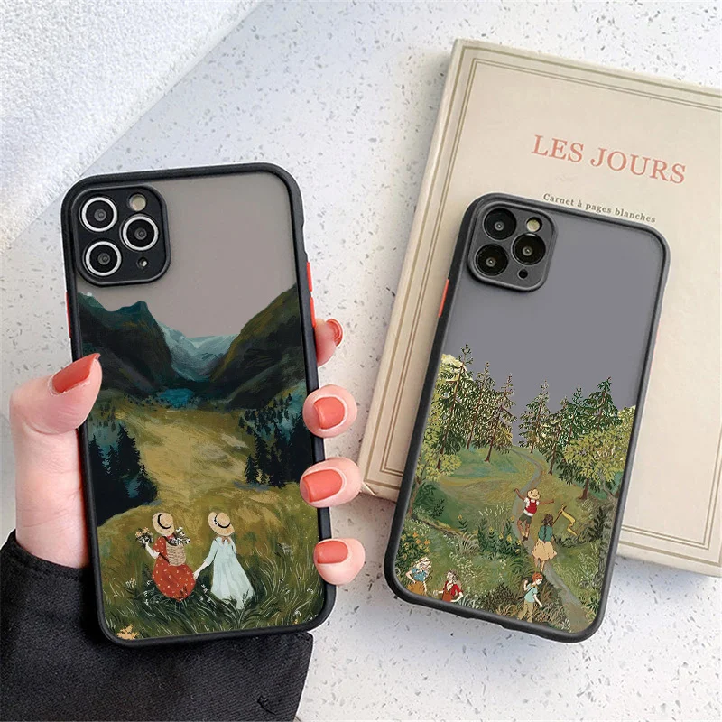 Cartoon Scenery Girl Flower Phone Case For Xiaomi Redmi Mi Poco F3 X3 11 Note 10 10T 9T 9 9S 8 7 Pro Max Lite Hard Matte PC Bags