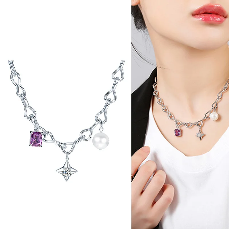

Женское колье с фиолетовым кристаллом и жемчугом