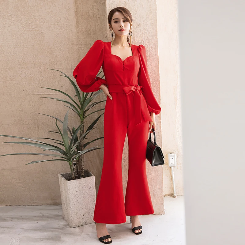 YIGELILA Fashion Women Red Flare Jumpsuit Office Lady Lantern Sleeve Jumpsuit With Belt Solid Boot Cut Jumpsuit 5987