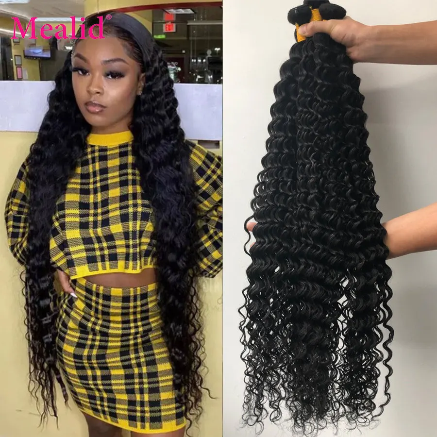 

Mealid 30 32 34 36 Inch Brazilian Deep Wave Hair Bundles Deep Curly Human Hair Weaves 100% Natural Human Hair Bundles Remy Hair