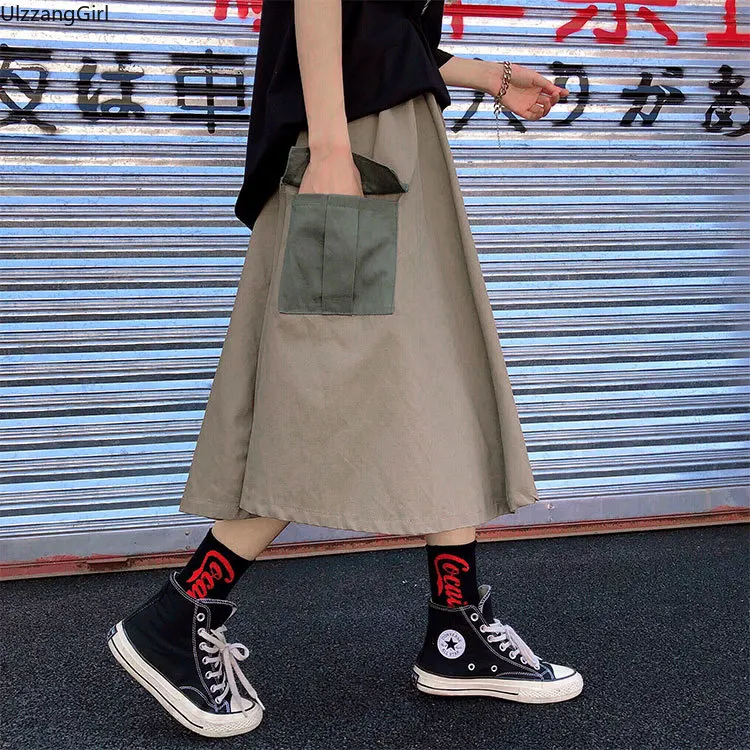 Хаки камуфляж зеленый карман Высокая талия карго уличная Harajuku Корейская женская мода свободная А-силуэт длинная юбка миди летняя Mori Girl