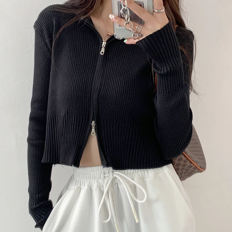 

Cardigan Spring Autumn New Women Zipper Solid Casual V Neck Slim Knit Tops Female Long Sleeve Short Korean Knitted Sweater Femme