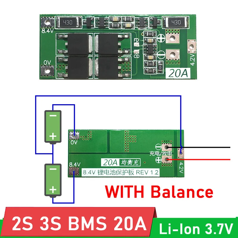 

2S 3S 20A BMS Board 7.4V 8.4V 12V 12.6V 18650 Li-Ion Lithium Battery Protection Board Balance Start Electric drill tool 3.7V 2 3