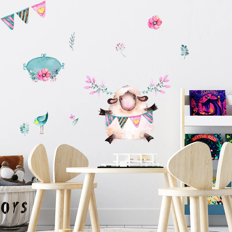 

Cartoon Lamb Flower Bird Wall Stickers Bedroom Porch Commercial Wall Beautification Decorative Self-sticking Wall Paper
