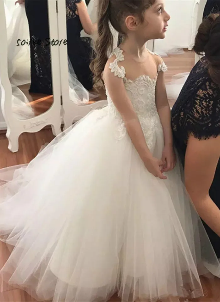 

Fashion Ivory Flower Girl Dress With Lace O Neck A Line Tulle Formal Kids Pageant Dresses Cheap first communion dresses for girl