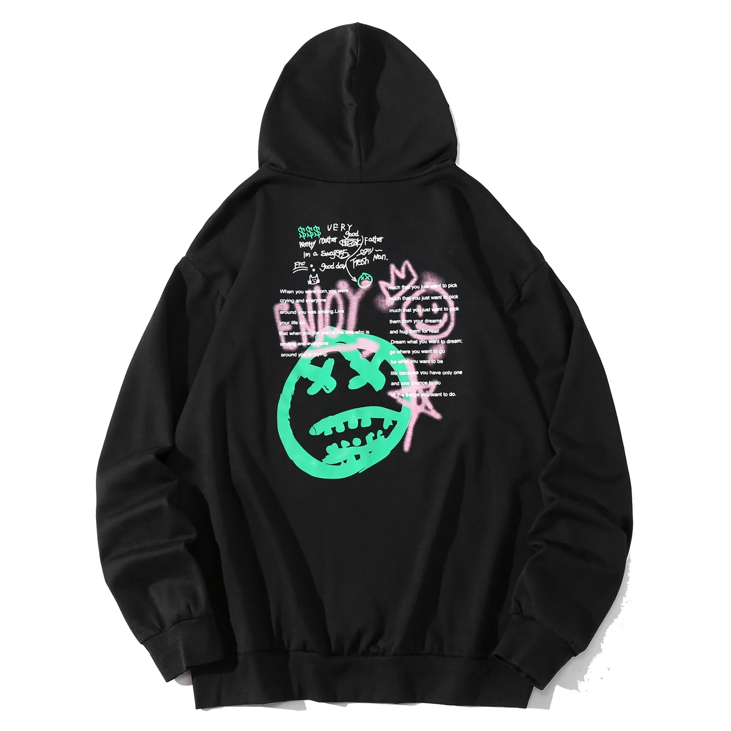 

2021 Spring Thin Casual Hoodie Men Long Sleeve Pullover Harajuku Hip Hop Sweatshirt Black Japanese Graffiti Streetwear FM1236