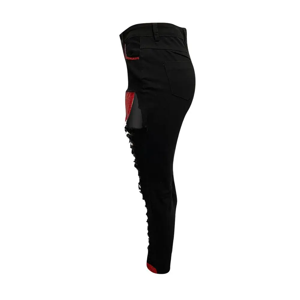 

Adogirl Women Hole Hollow Out Sequins Splicing Jeans Vintage Ripped Pencil Trousers Black Denim Pants Fashion Streetwear Pants
