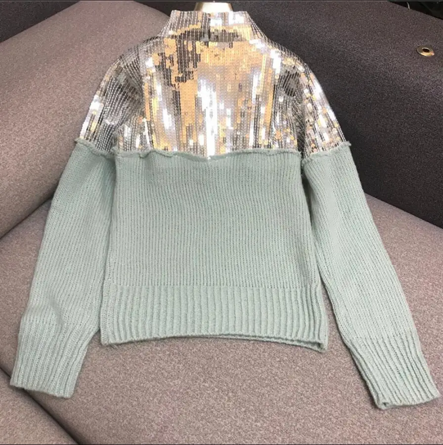 New Heavy Handmade Sequined Sweater Stitch Mohair Light Green Women's Knit Jumper Pullover Top Ladies Pull Femme | Женская одежда