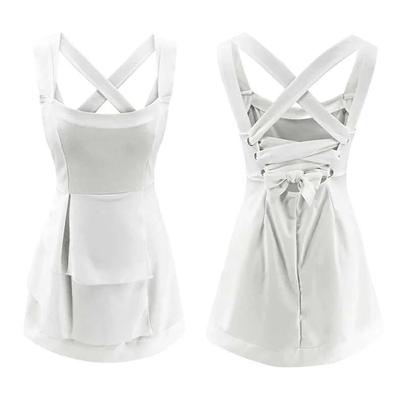 

Cute Vintage Mini Dress Women Sleeveless Summer Ruffle Hem Dress Patchwork Low Cut Sukienka Sexy Bandage Bare Back Dress Cross