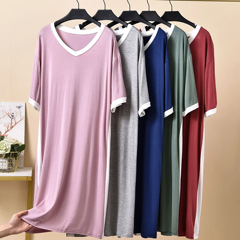 

Soft Modal Nightgowns Womens Sleepshirt Short Sleeve Pajama Comfy Sleep Shirt Sleep Dress Contrast Striped Loungewear Nightshirt